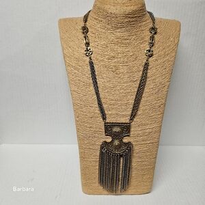 Vintage 70s Etruscan-style Medallion, Multi Gold/Silver Strand Tassel Necklace